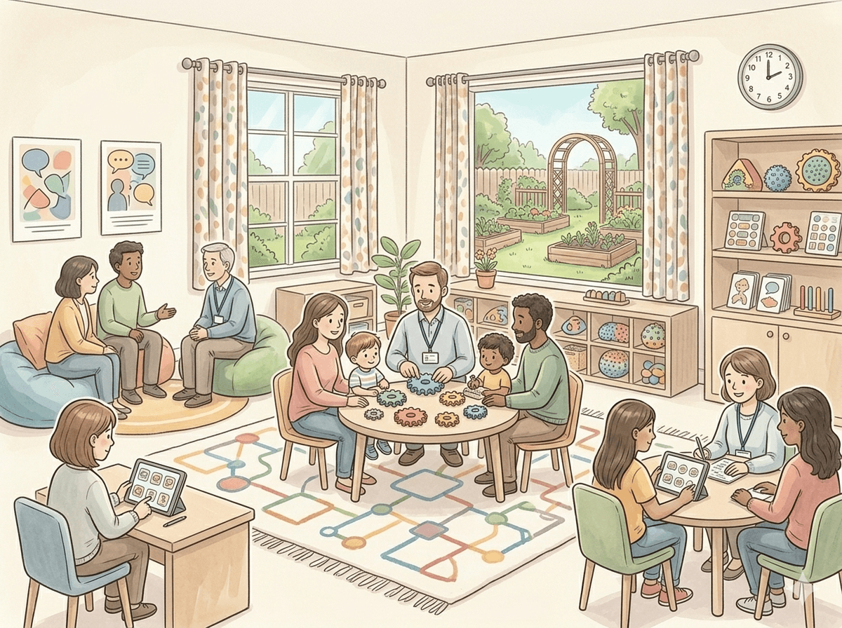 Ilustración de un espacio de juego sensorial: un niño y una profesional comparten una actividad en un ambiente acogedor, con juguetes y material de estimulación.